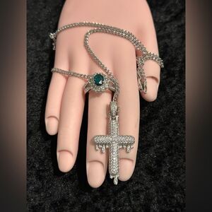 Iced Out Drip Cross Necklace & Silver-Tone Gemstone Ring Set – Size 9, Brand New